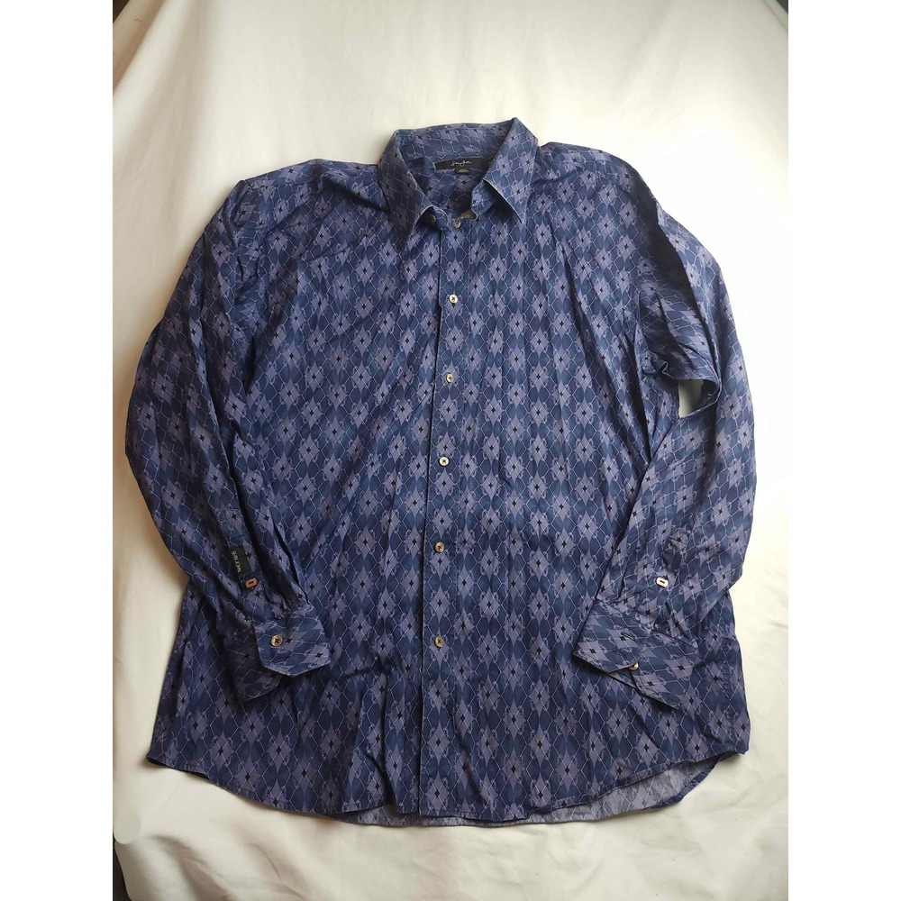 Sean John Mens XXXL Blue Geometric Diamond Print Cotton Button Down Shirt